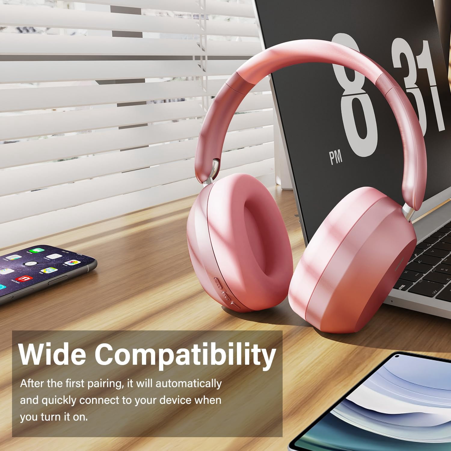 Mahipey Y05 Bluetooth Headphones Wireless Over Ear with Microphone,48 Hours Playtime,High Sound Quality,Foldable Soft Earpads Earphones for Travel/Commute/Workouts Pink