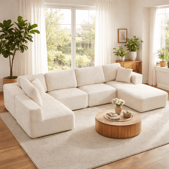 Eclife 6-Seat Modular Corduroy Sectional Sofa, Upholstered Accent Seating with Ergonomic Support, No Assembly, Beige