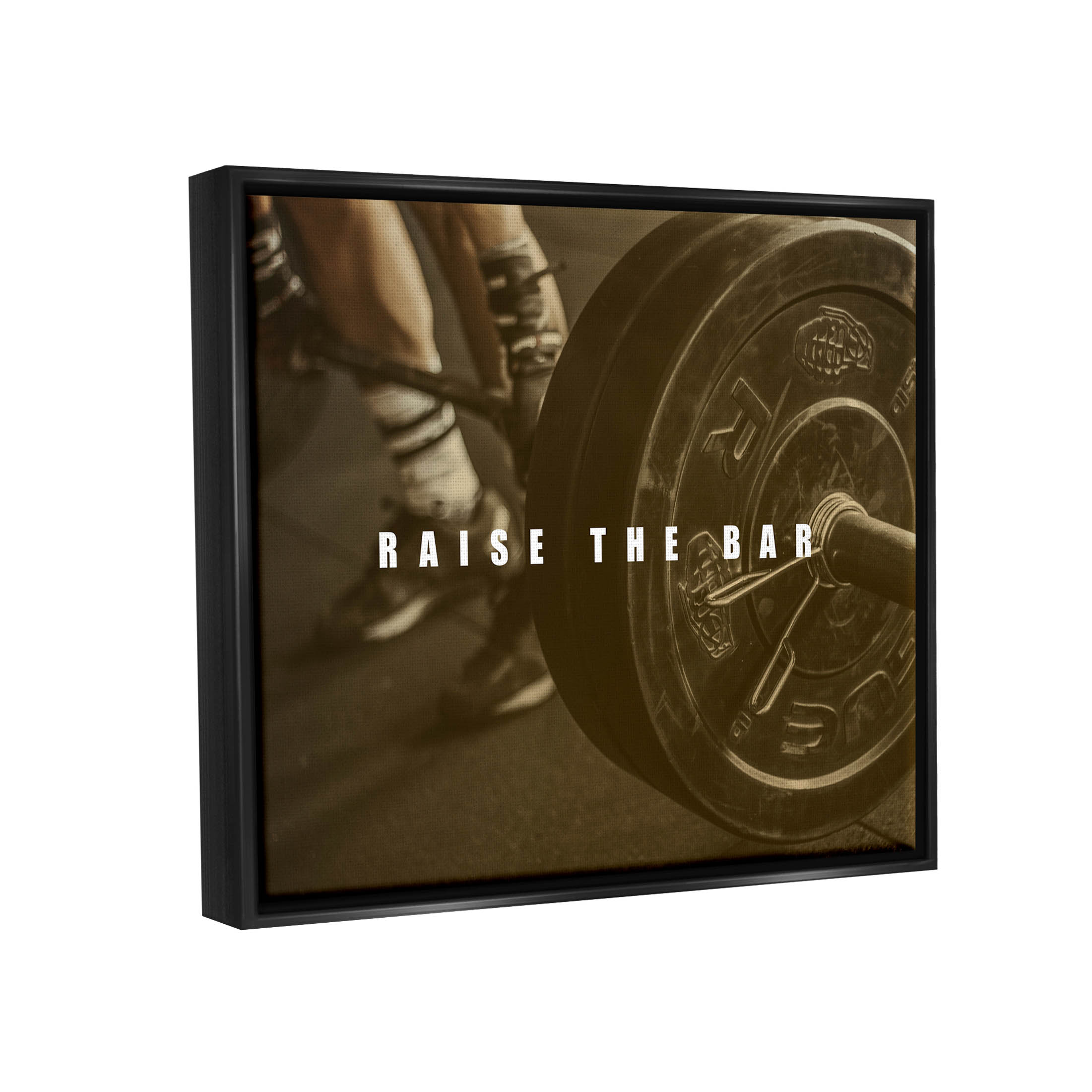 Stupell Industries Raise The Bar Motivational Bodybuilder Graphic Art Jet Black Floating Framed Canvas Print Wall Art, Design by Jacob Green