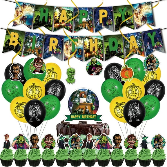 38 PCS For Goosebumps Birthday Party Decorations, With 1 Happy Birthday Banner Garland,6 Spiral ornament,18 Balloons,13 Cupcake Toppers for decorative supplies set