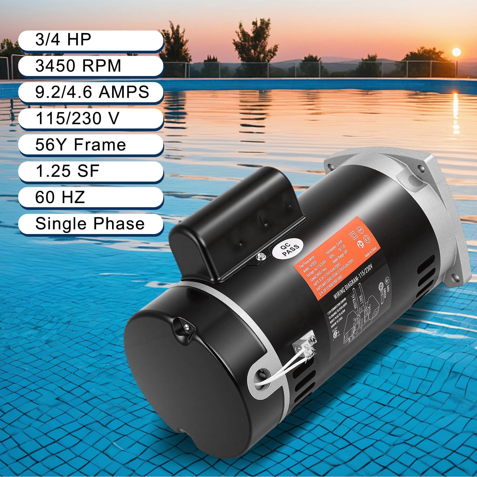B2852 Pool Pump Motor - Swimming Pool Pump Motor, 3450 RPM, 3/4 HP, 115/230V, 56Y Frame, 303 Stainless Steel Shaft, Replacement Motor for Outdoor/Indoor Swimming Pool