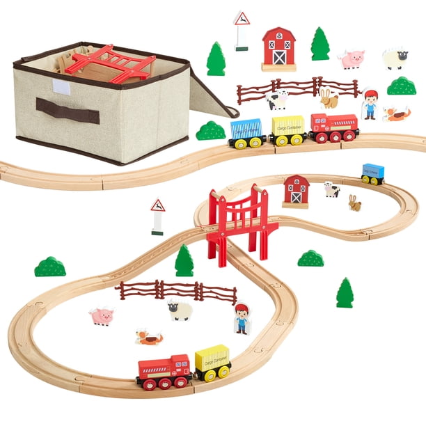 VEVOR Juego de tren de madera, 39 piezas, vías de tren de madera con trenes magneticos y accesorios ferroviarios, compatible con las principales marcas, para niños de 3 a 8 años.
