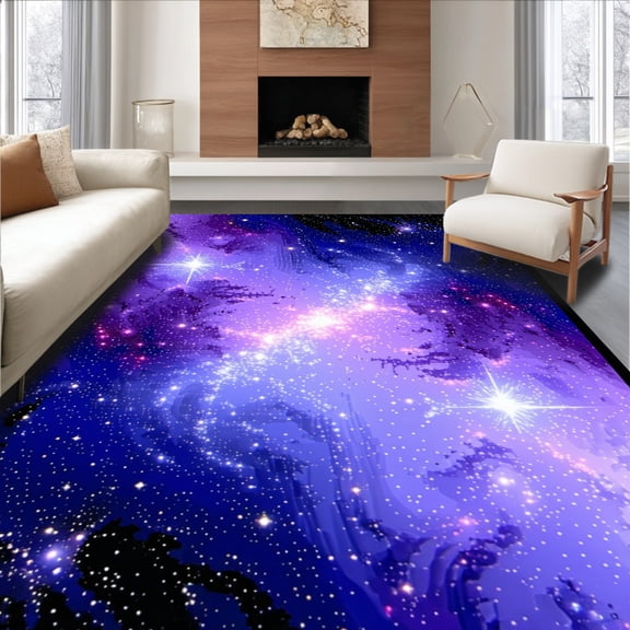 ODIKA 4'x6' Machine Washable Non-Slip Area Rug, Galaxy Nebula Gamepad With Cosmic Swirls And Starburst Accents High Traffic Rug, Purple, 129165