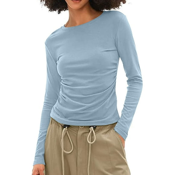 Women's Tops Sale Clearance! Long Sleeve Shirts for Women Crewneck Ruched Basic Crop Tee Top Layer Slim Fit Casual Fall Fashion Y2k Going out Tops