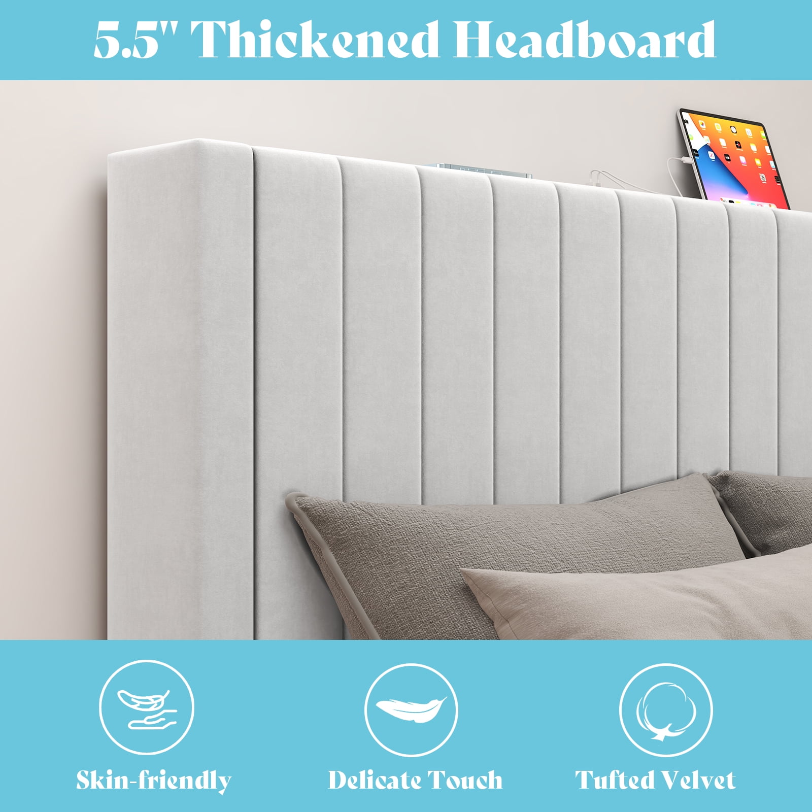 Merluxy Queen Size Velvet Bed Frame with Headboard, Charging Station, White