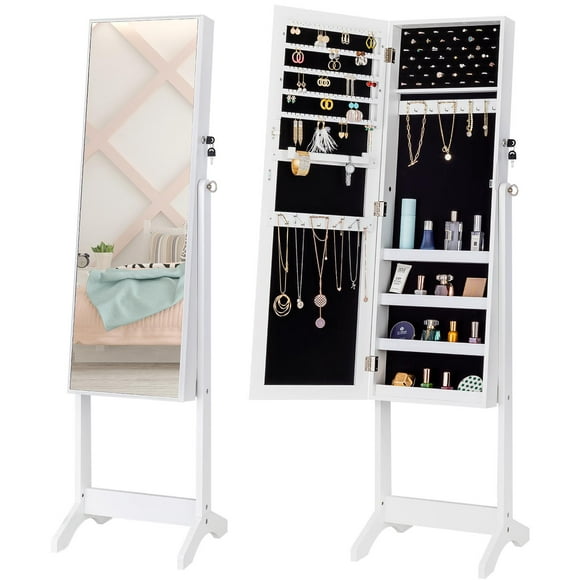 ViscoLogic Evie Floor Standing Jewelry Armoire Mirrored Cabinet Space for Necklaces, Bracelets, Rings, Earrings, Cuff-links, Ties and Cosmetics, Full Length Mirror