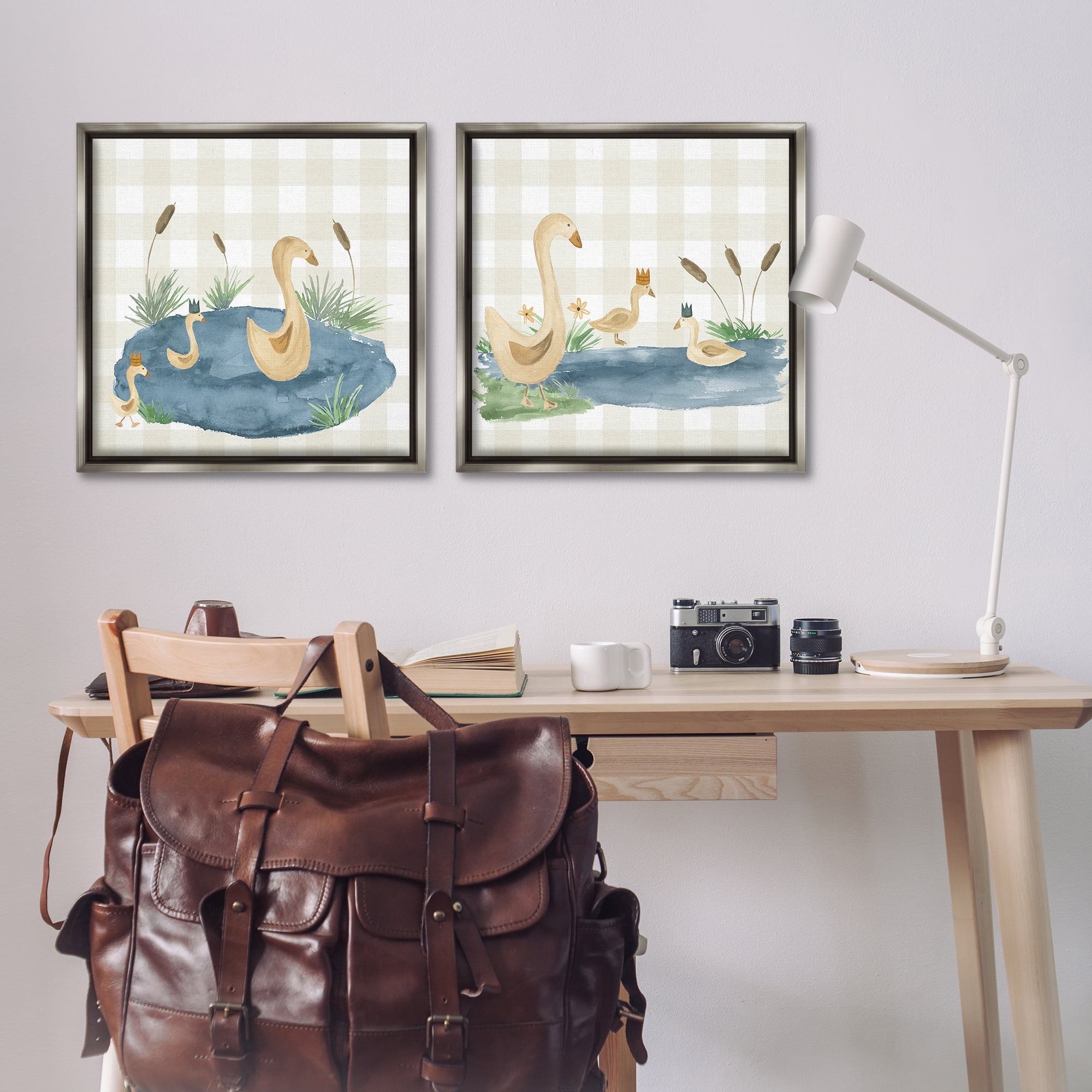 Stupell Industries Swan Family in Pond Landscape & Nature Painting Gray Floater Framed Canvas Art Print Wall Art, 25 x 25, Set of 2