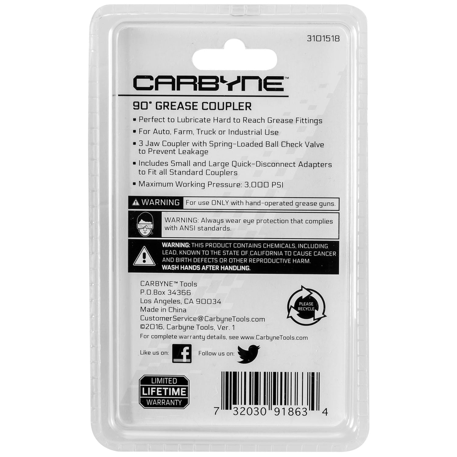 Carbyne 90 Degree Grease Gun Coupler, Right Angle Grease Fitting Adapter, 1/8 in. NPT, Heavy Duty Steel 3-Jaw, Ball Check Valve, for Zerk Fittings