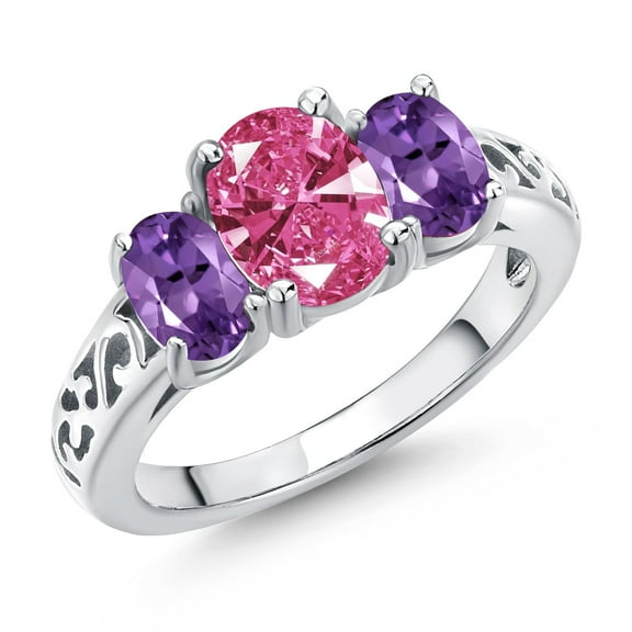 Gem Stone King 925 Sterling Silver Pink Zirconia and Purple Amethyst Filigree Style 3 Stone Ring for Women (2.11 Cttw, Oval 8X6MM and 6X4MM, Size 6) (Size 6)