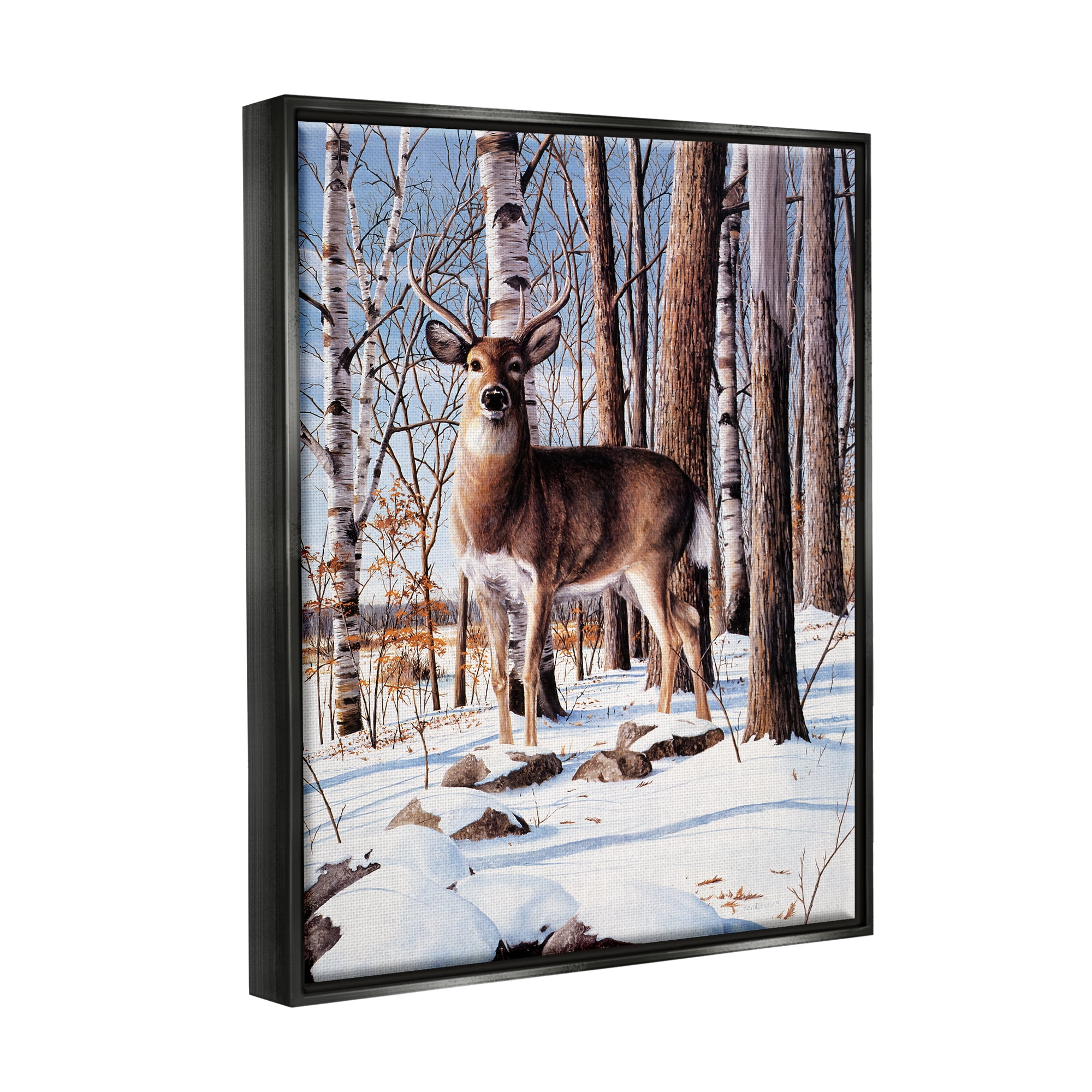 Stupell Industries Deer in Snowy Forest Landscape Animals & Insects Painting Black Floater Framed Art Print Wall Art, 25 x 31