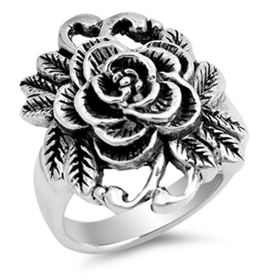 Oxidized Rose Flower Leaf Bouquet Ring Sterling Silver Band 925 Jewelry Female Male Unisex Size 6