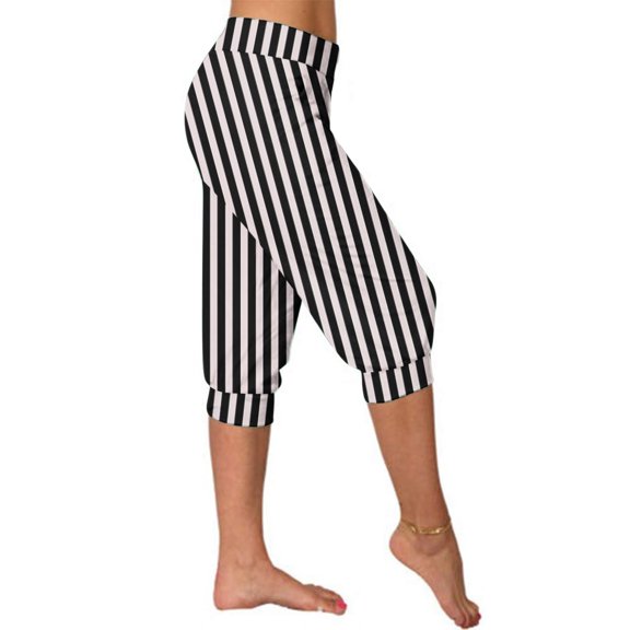 Snorda Capri Pants for Women Striped Leggings High Waist Leggings Elastic Waistband Casual Jogger Cropped Yoga Capris Ladies Loose Soft Pants for Daily Wear Workout Looks