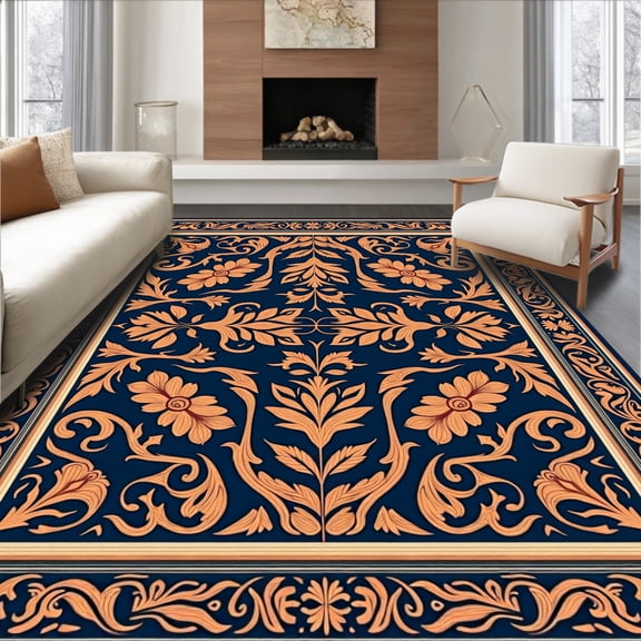 ODIKA 4'x6' Machine Washable Non-Slip Area Rug, Timeless Floral Scroll With Ornate Interwoven Botanical Shapes High Traffic Rug, Gold, 370694