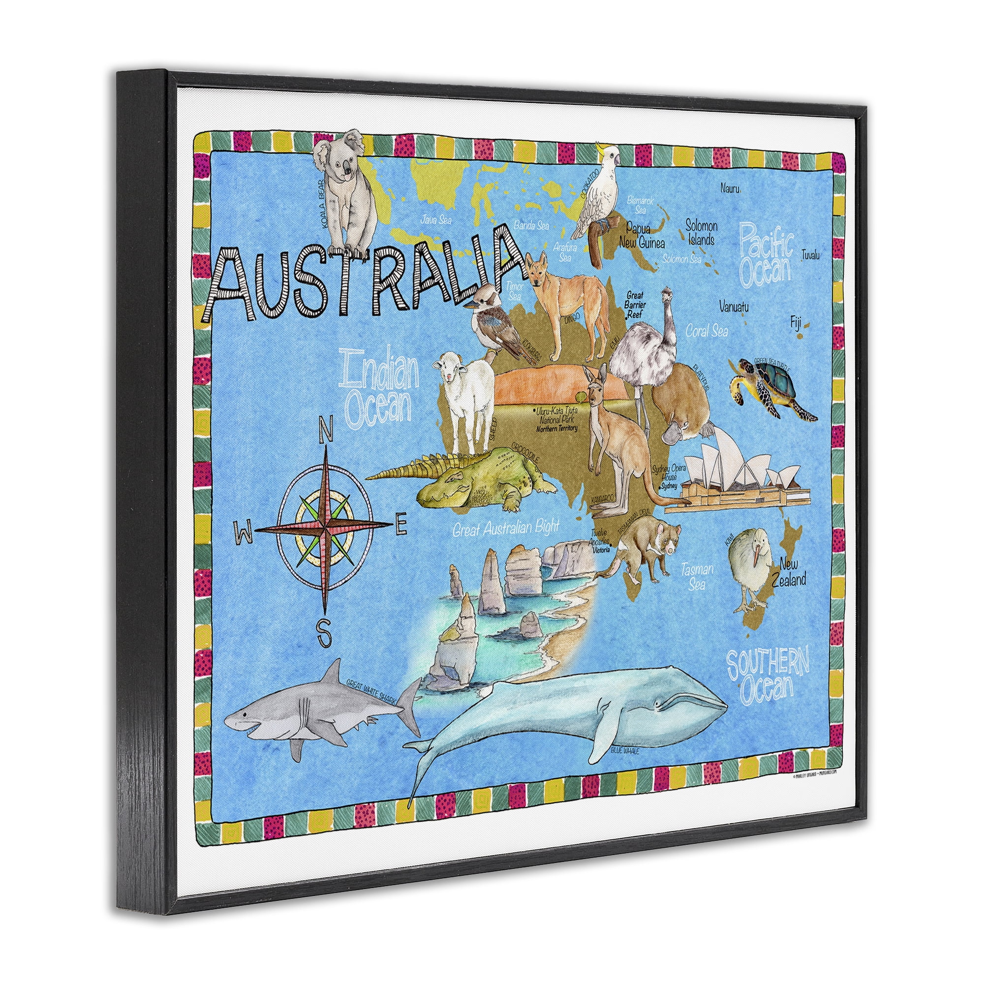 Stupell Industries Australia Animal Map Travel & Places Painting Black Framed Art Print Wall Art, 20 x 16