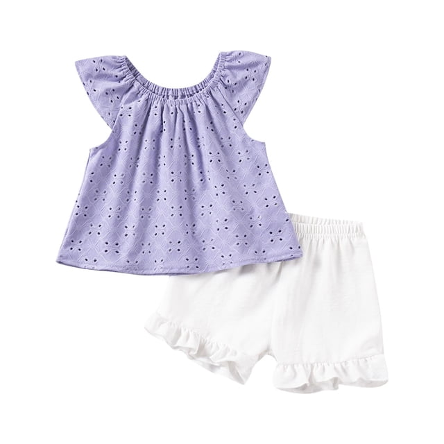 Zpanxa Girls Matching Sets Solid Color Small Flying Sleeve Cutout Top and Elastic Waist Ruffled Shorts Summer Set 4 Years