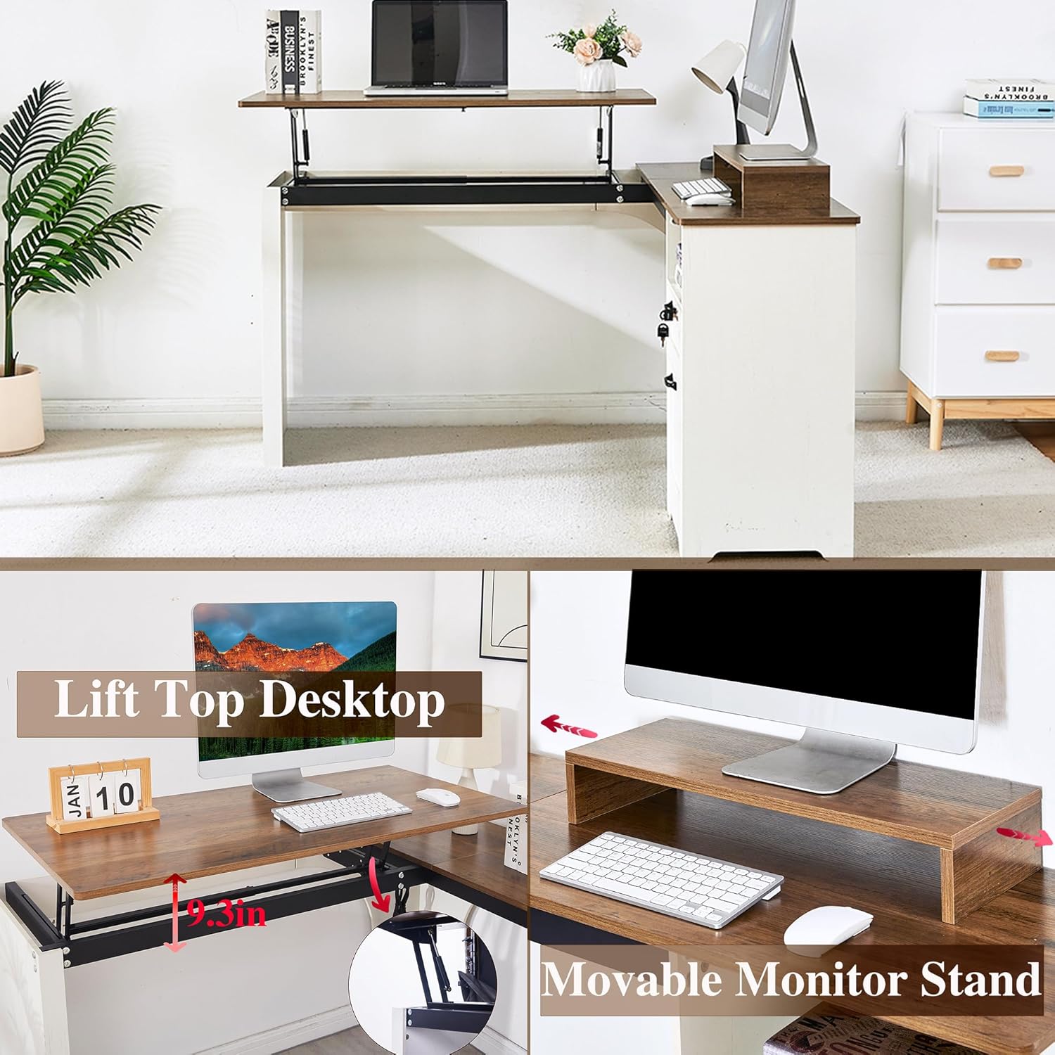 55" Farmhouse L-Shaped Desk with Lift Top,Movable Monitor Stand,L Shaped Standing Office Desk with Lockable Drawer & Adjustable File Drawer,Lift Top Computer Desk with Power Outlets