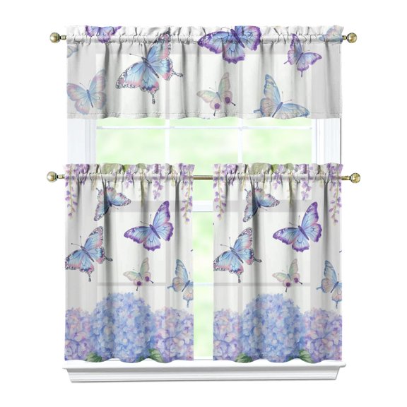 Butterflies and Purple Hydrangeas Kitchen Curtain Valance 3 Piece Set Short Curtain Sink Window Decor 36 Inch Small Window Treatment Tier 27.5x36 Length