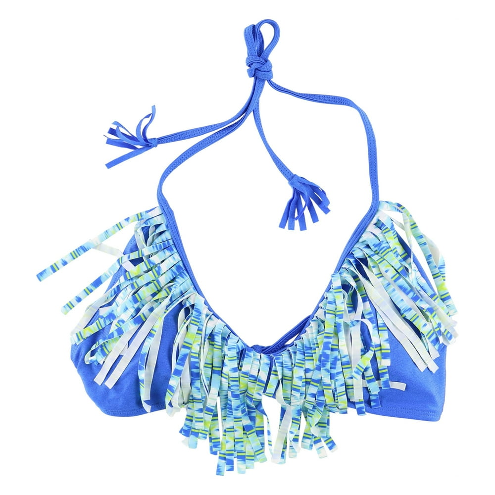 Raisins Raisins Womens Fringed Bikini Swim Top, Blue, Medium