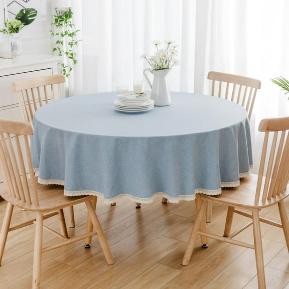 Round Tablecloth Faux Linen Waterproof Tablecloth with Lace Trim for Dining Kitchen Party, light blue 120cm