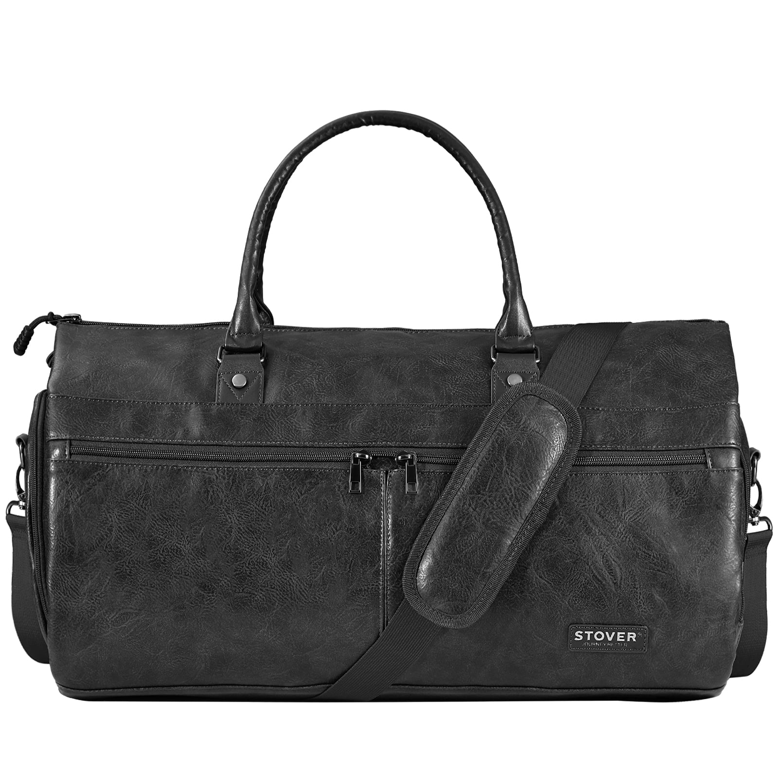 STOVER Garment Travel Duffle Bag, Large 2-in-1 Convertible Carry-on Luggage (Black Leatherette)