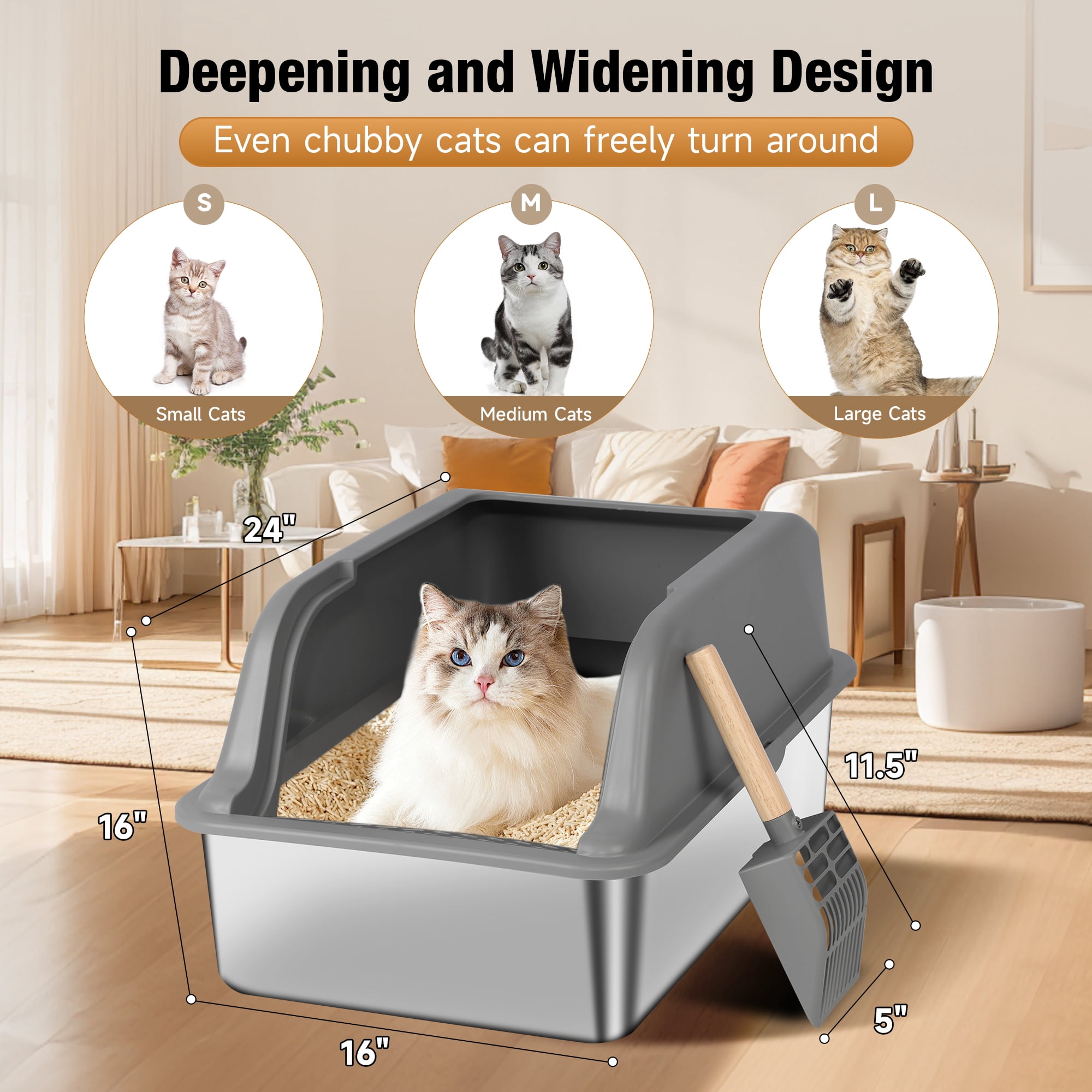 Extra Large Stainless Steel Cat Litter Box with Lid,24 x 16 x 15.74-in,High Sided Metal Cat Litter Box for Large Cats & Multiple Cats,with Scoop and Footboard, Gray