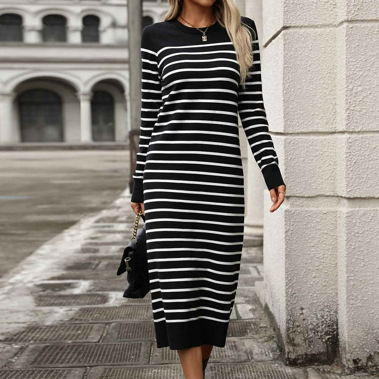 Sporty Dresses for Women Women s Fall Striped Sweater Dresses 2024 Casual Long Sleeve Crew Neck Knit Sweater Midi Dress Modest Dresses S 166 Black M Walmart