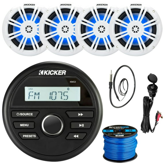 Kicker 46KMC2 All-Weather Marine Bluetooth USB/AUX AM/FM Gauge Style Media Center Receiver, 4x 6.5" 150W Max Power RGB LED Boat Coaxial Speakers, USB/AUX Adapter, 22" Radio Antenna, 16G Speaker Wire