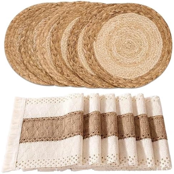 Handmade Boho Placemats Set of 6 - Natural Cotton Burlap and Water Straw Woven Rattan Wicker Braided Combination Table Mats, Macrame Table Décor Farmhouse Bohemian Style for Dining Room Table Kitchen