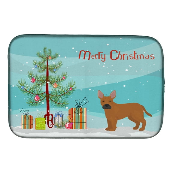 Tan French Bulldog Pit Bull Mix Christmas Tree Dish Drying Mat