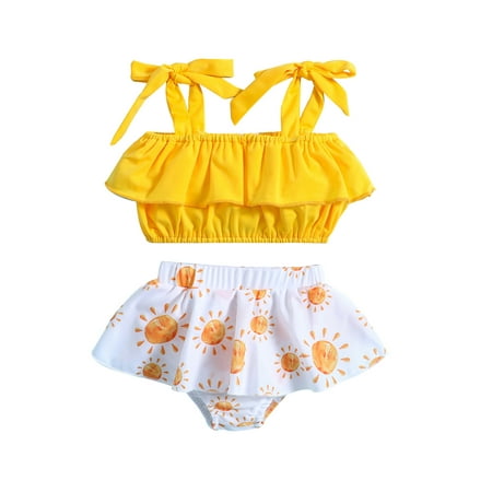 

aturustex 0-3 Years 2Pcs Infant Girl Bikini Swimsuit Sleeveless Off Shoulder Vest Beach Pool Sun Print Shorts Swimwear