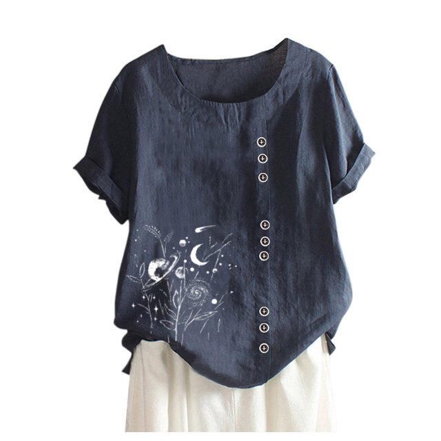 Pompotops Womens Casual Loose Button Linen Plus Size Daily Boho Tanic T-Shirt Blouse Tops
