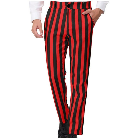 WRKEKC Mens Slacks Casual Vertical Stripe Print Straight Leg Pocket Button Closure Casual Business Wear for Daily Office