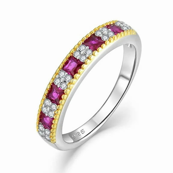 Princess Cut Lab-Created Ruby and Diamond Half Eternity Wedding Band Ring in 925 Sterling Silver - Elegant Jewelry for Her