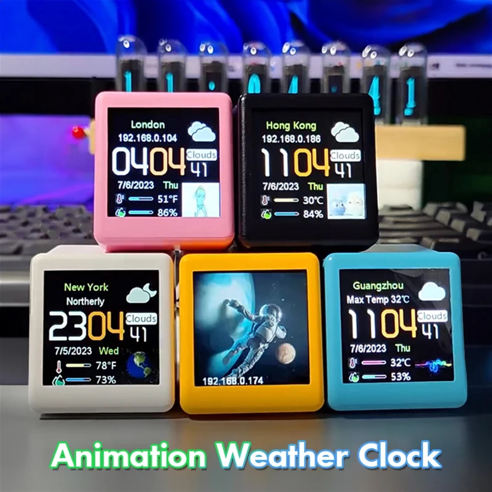 Mini Weather Clock,Digital Weather Forecast Station Clock,For Gaming Desktop Decoration,DIY GIF Animations Album Function ,High Precision