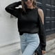 thumbnail image 2 of Suéter de punto de manga larga con un solo hombro, color negro, cuello redondo, estilo sencillo, ropa informal para mujer, talla L, 2 of 7