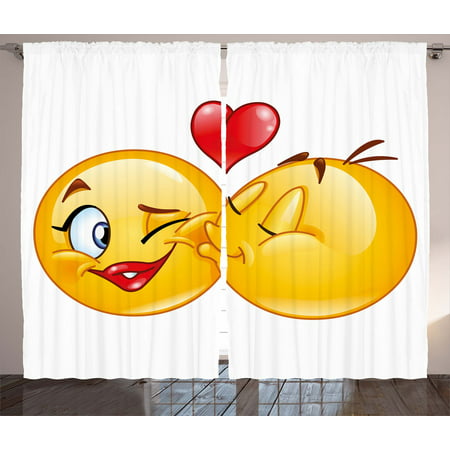 Emoji Curtains 2 Panels Set, Romantic Flirty Loving Smiley Faces Couple Kissing Eachother Hearts Image Art Print, Window Drapes for Living Room Bedroom, 108W X 90L Inches, Multicolor, by
