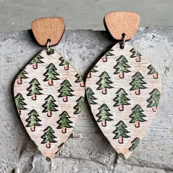 Geometric Wood Print Christmas Tree Reindeer Statement Women Holiday Earrings