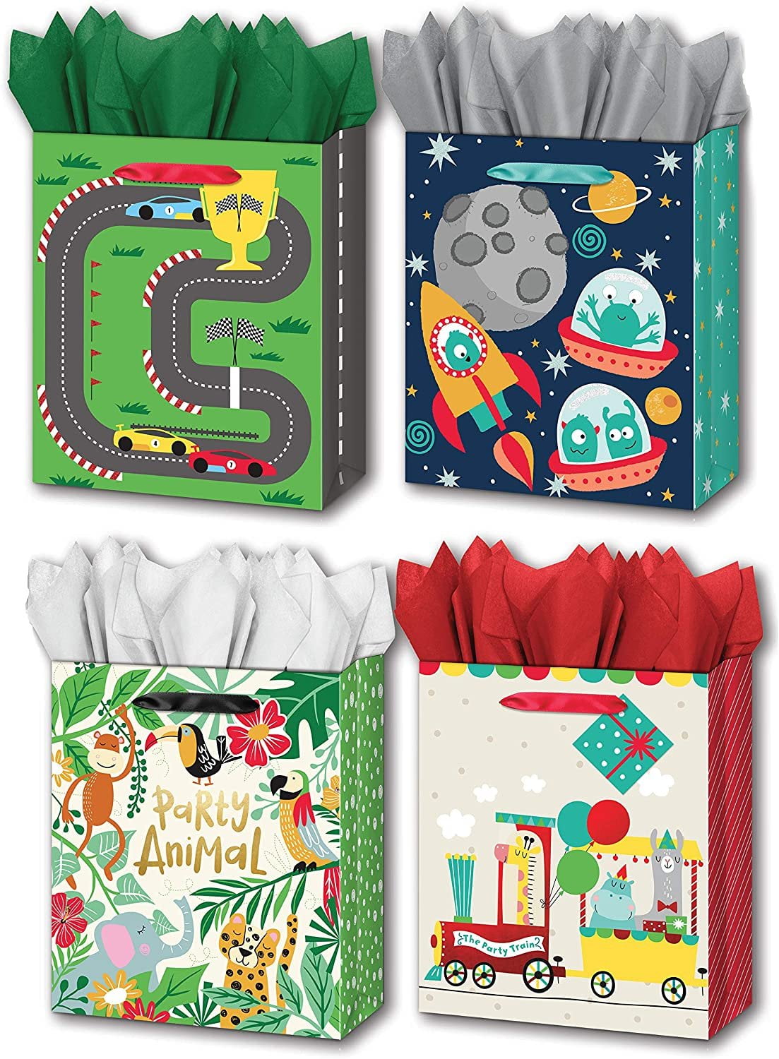 BTHERE Bundle of 4 Large 10” x 12” x 5” Kids Gift Bags with Tags and