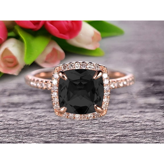 2.05 Carat Cushion Cut Black Diamond Moissanite Engagement Ring Wedding Ring Promise Ring 10k Rose Gold Claw Prong Stacking Band Anniversary Gift