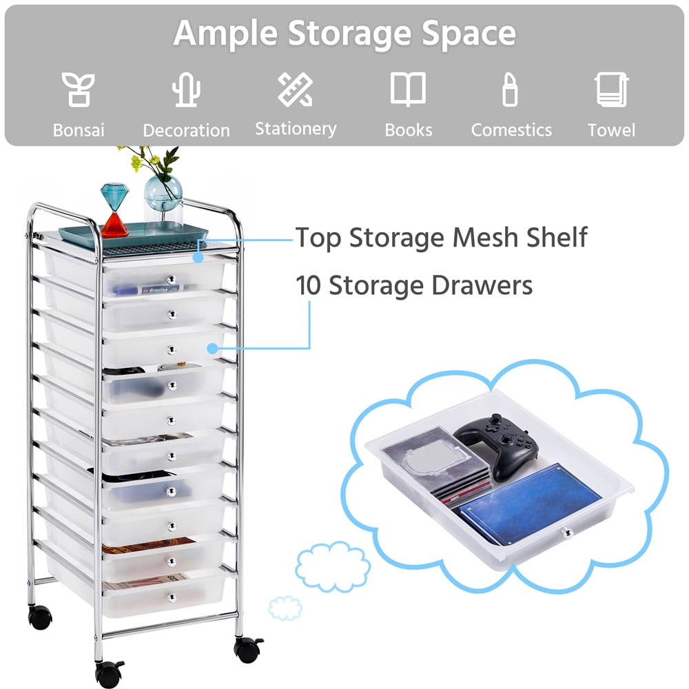 Renwick 10 Drawer Rolling Storage Cart Home Office Organizer Cart with Wheels, White