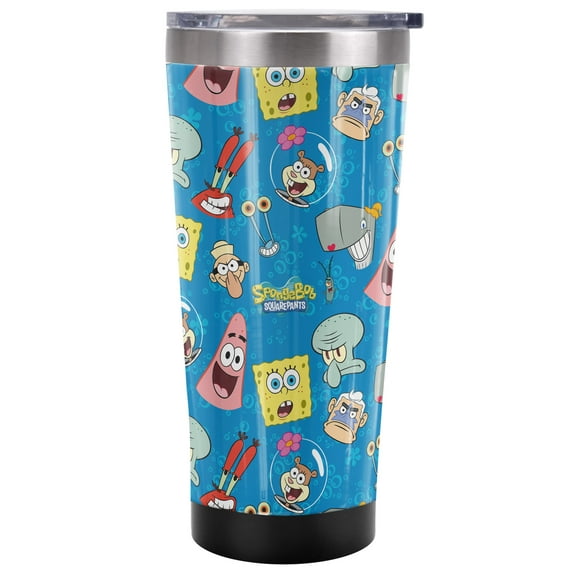 Spongebob Official Head Pattern 20 oz Travel Tumbler, Stainless Steel, Vacuum Insulated with Leak Resistant Slide-Lock Lid