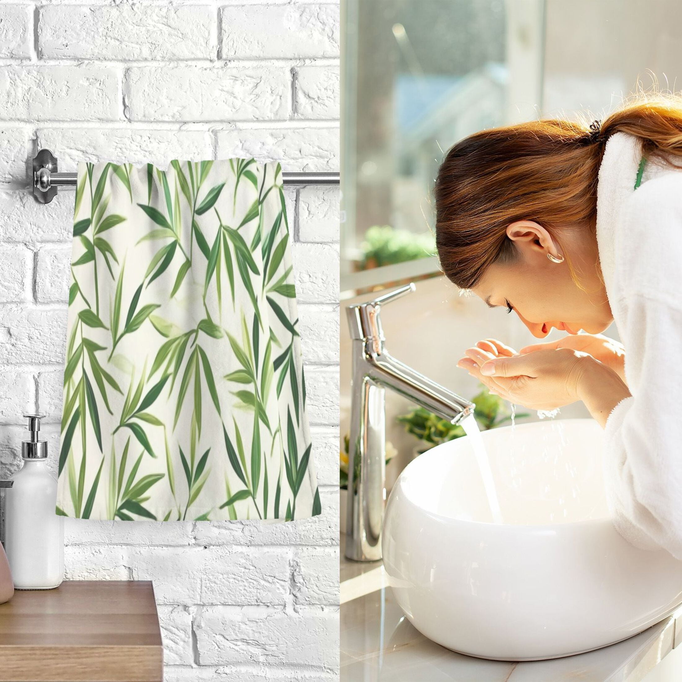 Cotton Towel Two-Piece 16x28 Inch One Sizex2 Face Towel Set Towel Set Cotton Hand Bath Towel Bathroom Beach Beautiful Green Bamboo Leaves