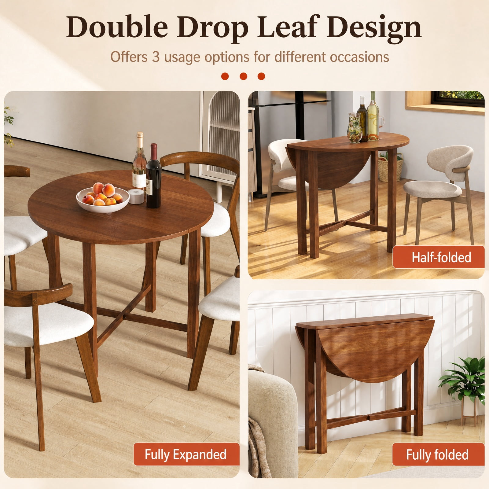 Furnibear Dual Drop Leaf Dining Table for Small Spaces with Solid Rubber Wood Frame and Folding Design for Kitchen, Walnut