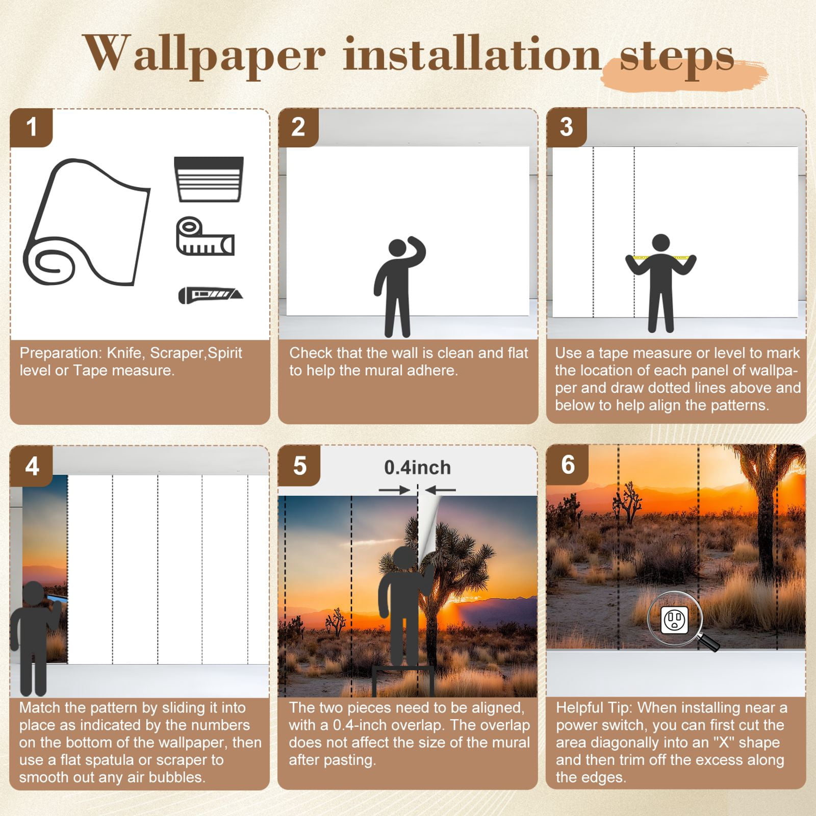 Wallpaper Sunset desert landscape Joshua Tree National Park Peel and Stick Wall Murals 69"H x 96"W Removable PVC Wall Paper Self-Adhesive Wall Paintings Art Decor for Bedroom Living Room