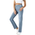 thumbnail image 2 of Kinrui Straight Leg Faux Jeans for Women Stretchy High Rise Flare Denim Pants with Pocket Light Blue M, 2 of 6