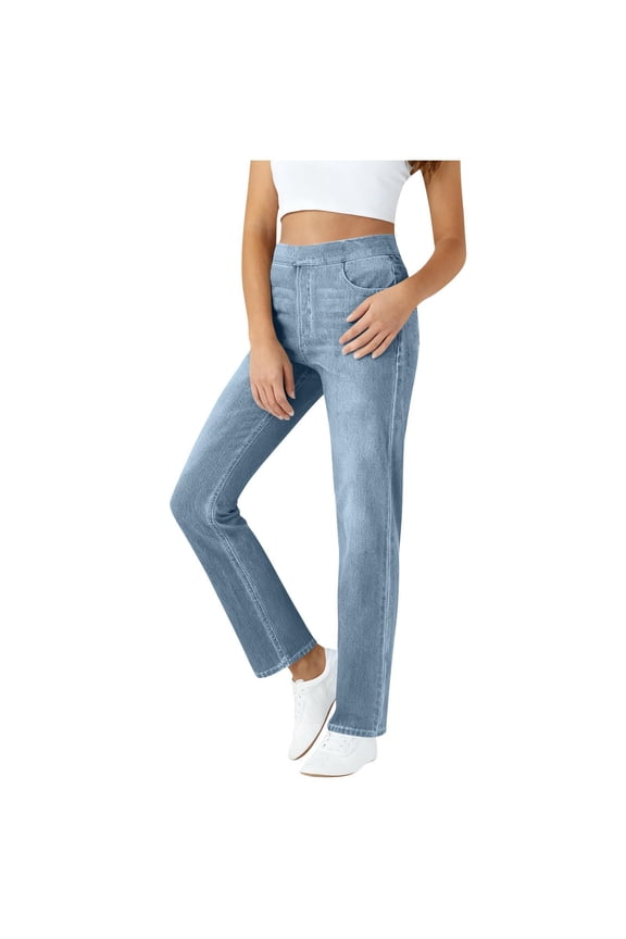 Women's High Waist Pull On Jeans Elastic Waist Stretchy Straight Leg Casual Comfort Denim Pants with Pockets, S-XXL