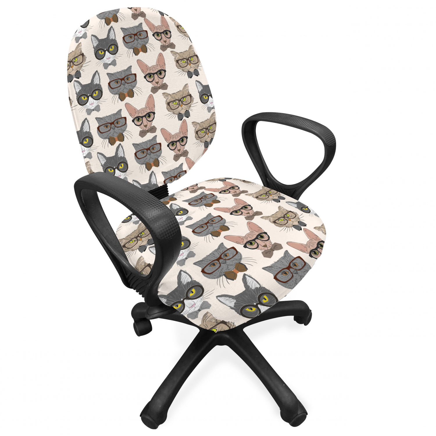 Hipster Nerd Characters with Vintage Sunglasses Intelligent Feline Serious Expressions Grey Beige Ambesonne Cat Office Chair Slipcover Standard Size Protective Stretch Decorative Fabric Cover