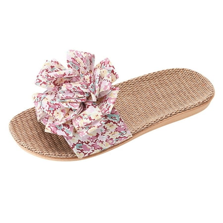 

Wiueurtly Slippers For Women Female Flower Decoration Upper Slippers Bohemia Linen Slippers Flip Flops Beach Shoes Flax Sandals Slingback Heels for Women Womens Flip Flops