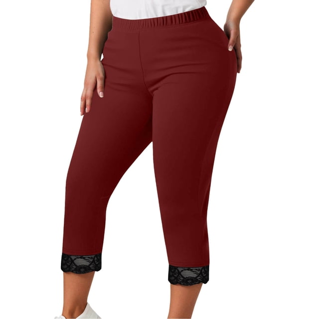 KHONTS Leggings Capri en Dentelle pour Femmes Grande Taille Leggings Courts Extensibles Collants d'Été Pantalons Rouges G