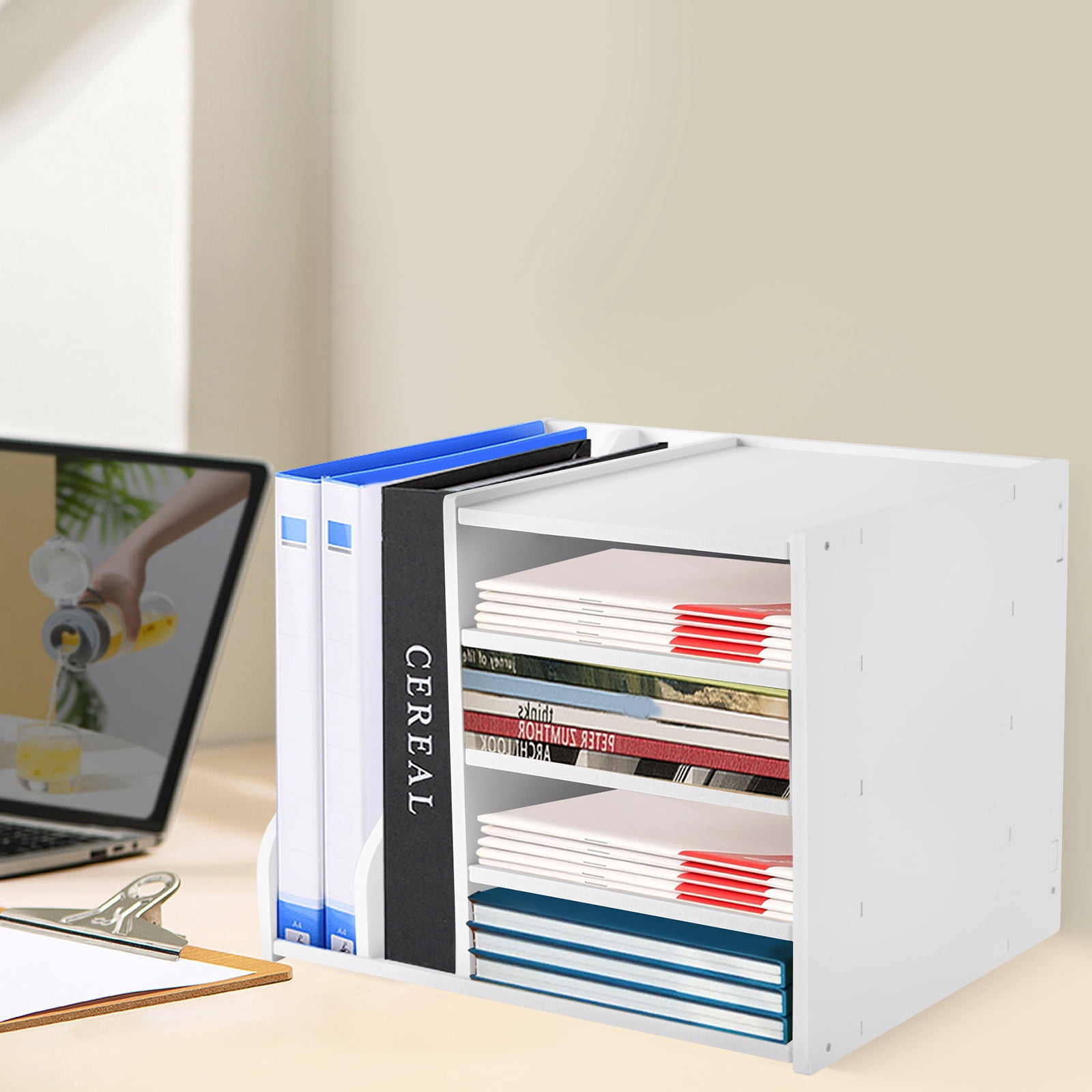 4 Tier Desk Organizer for Office, Desktop Storage Cabinet File Holder with 2 Side Storage Cabinets, Storage Organizer Filing Case for Office Bedroom Home, (White)